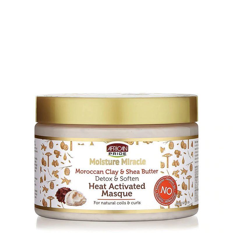 AFRICAN PRIDE MOISTURE MIRACLE MOROCCAN CLAY & SHEA BUTTER                                                                      HEAT ACTIVATED MASQUE 349g/12oz